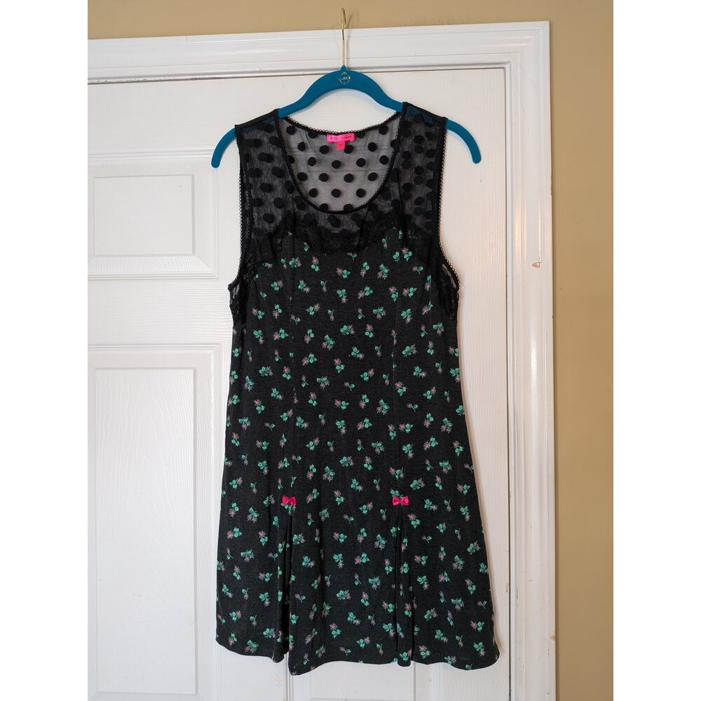 Betsey Johnson Black Floral Sheer Nightgown Babydoll Slip Dress Large Y2K Flowy